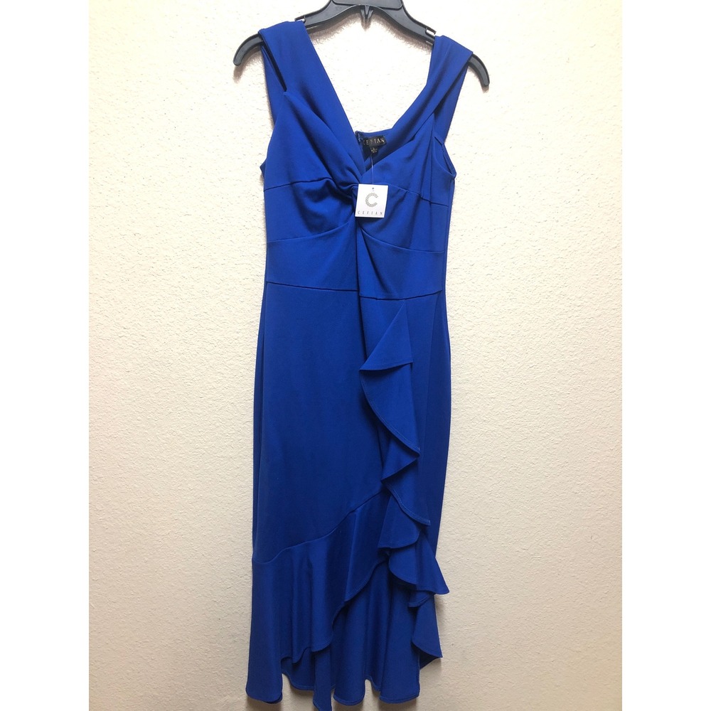 Cefian Royal Blue Twist Front Ruffle High Low Cocktail Dress NWT Size Large